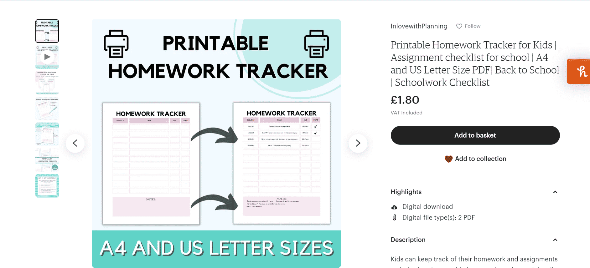 Homework Tracker on Etsy